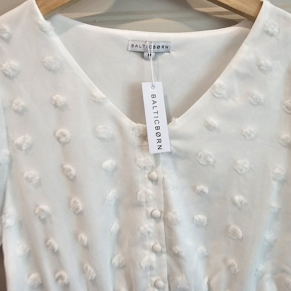 Baltic Born Mila White Swiss Dot Puff Short Sleeve Lined Dress M - Picture 7 of 12